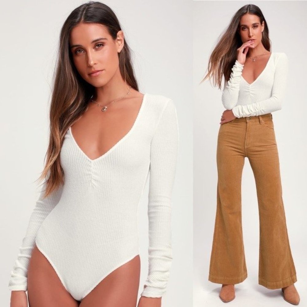 ‘Intimately’ Free People Ribbed Ruched Sleeve Bodysuit | Medium | Cream